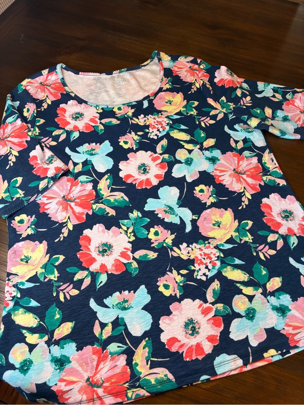 Time and Tru Navy Floral Scoop Neck Tunic with Pink & Teal Blooms